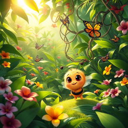 A cute, cartoonish baby bee exploring a vibrant, lush jungle filled with colorful flowers and dense green foliage