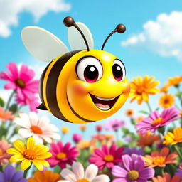 A cute, cartoon-style bee with oversized eyes and a bright smile, buzzing happily through a colorful garden filled with vibrant flowers