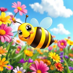 A cute, cartoon-style bee with oversized eyes and a bright smile, buzzing happily through a colorful garden filled with vibrant flowers
