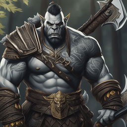 A detailed digital art of an adult male half-orc barbarian, covered in intricate tribal tattoos