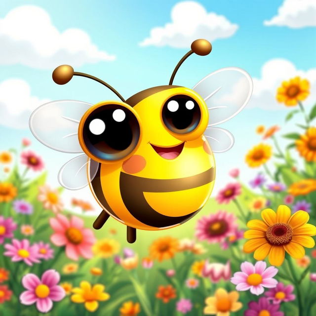 A cute, cartoon-style bee with oversized eyes and a bright smile, buzzing happily through a colorful garden filled with vibrant flowers