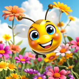 A cute, cartoon-style bee with oversized eyes and a bright smile, buzzing happily through a colorful garden filled with vibrant flowers