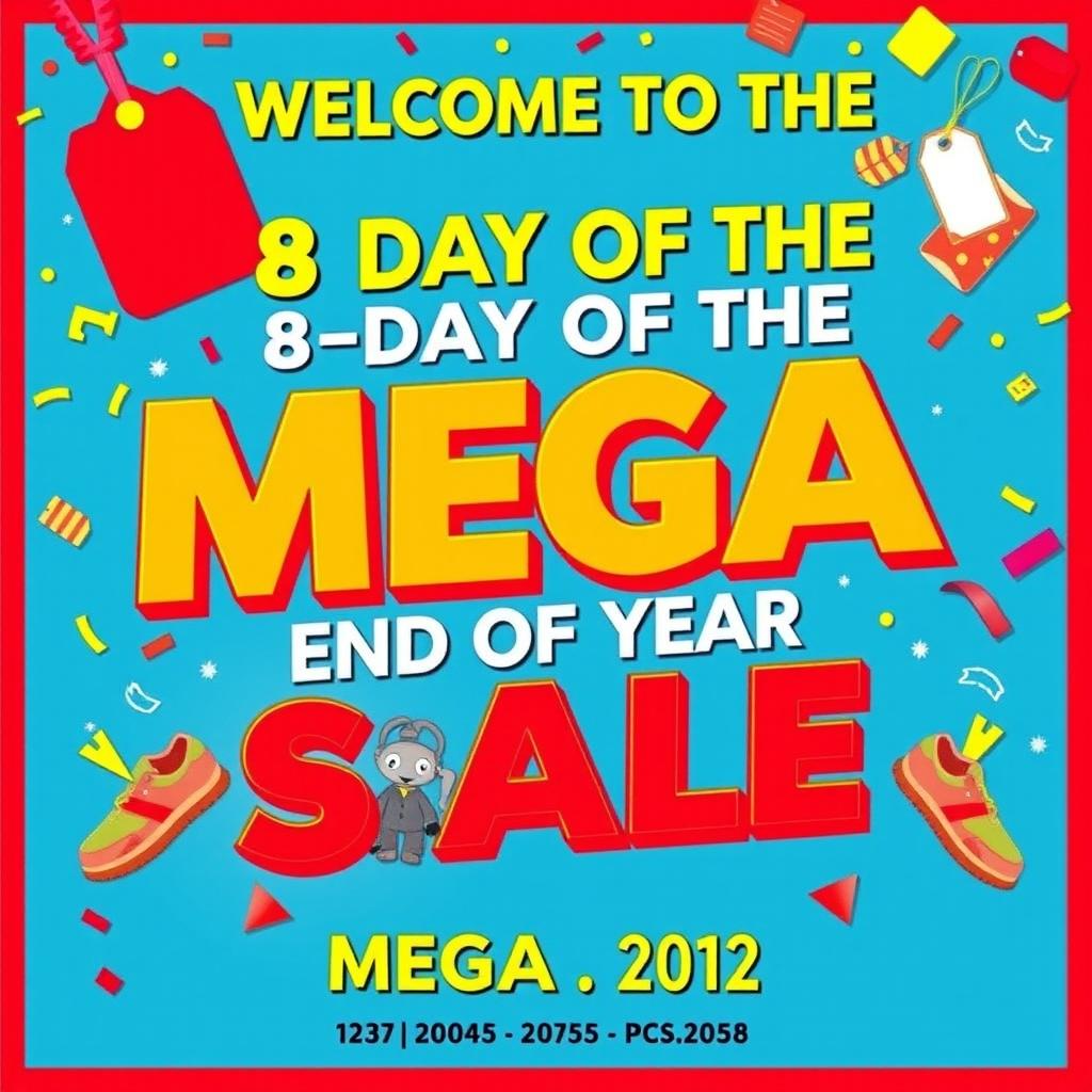 A vibrant and eye-catching poster for a sale event titled 'WELCOME TO THE 8 DAY OF THE SHOEBOSS END OF YEAR MEGA SALE'