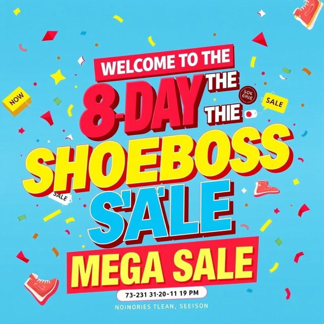 A vibrant and eye-catching poster for a sale event titled 'WELCOME TO THE 8 DAY OF THE SHOEBOSS END OF YEAR MEGA SALE'