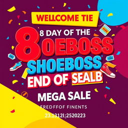 A vibrant and eye-catching poster for a sale event titled 'WELCOME TO THE 8 DAY OF THE SHOEBOSS END OF YEAR MEGA SALE'