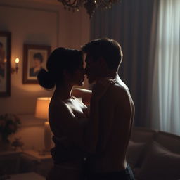 A sensual and intimate moment captured in a dimly lit room that conveys passion and connection between two adult figures