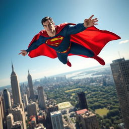 A highly detailed and realistic depiction of Superman soaring above the city of New York, showcasing iconic landmarks such as the Empire State Building and Central Park in the background