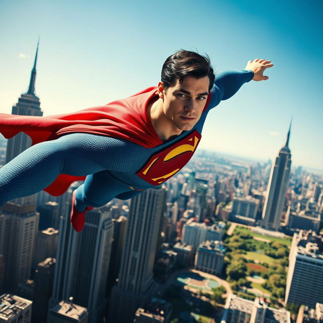 A highly detailed and realistic depiction of Superman soaring above the city of New York, showcasing iconic landmarks such as the Empire State Building and Central Park in the background