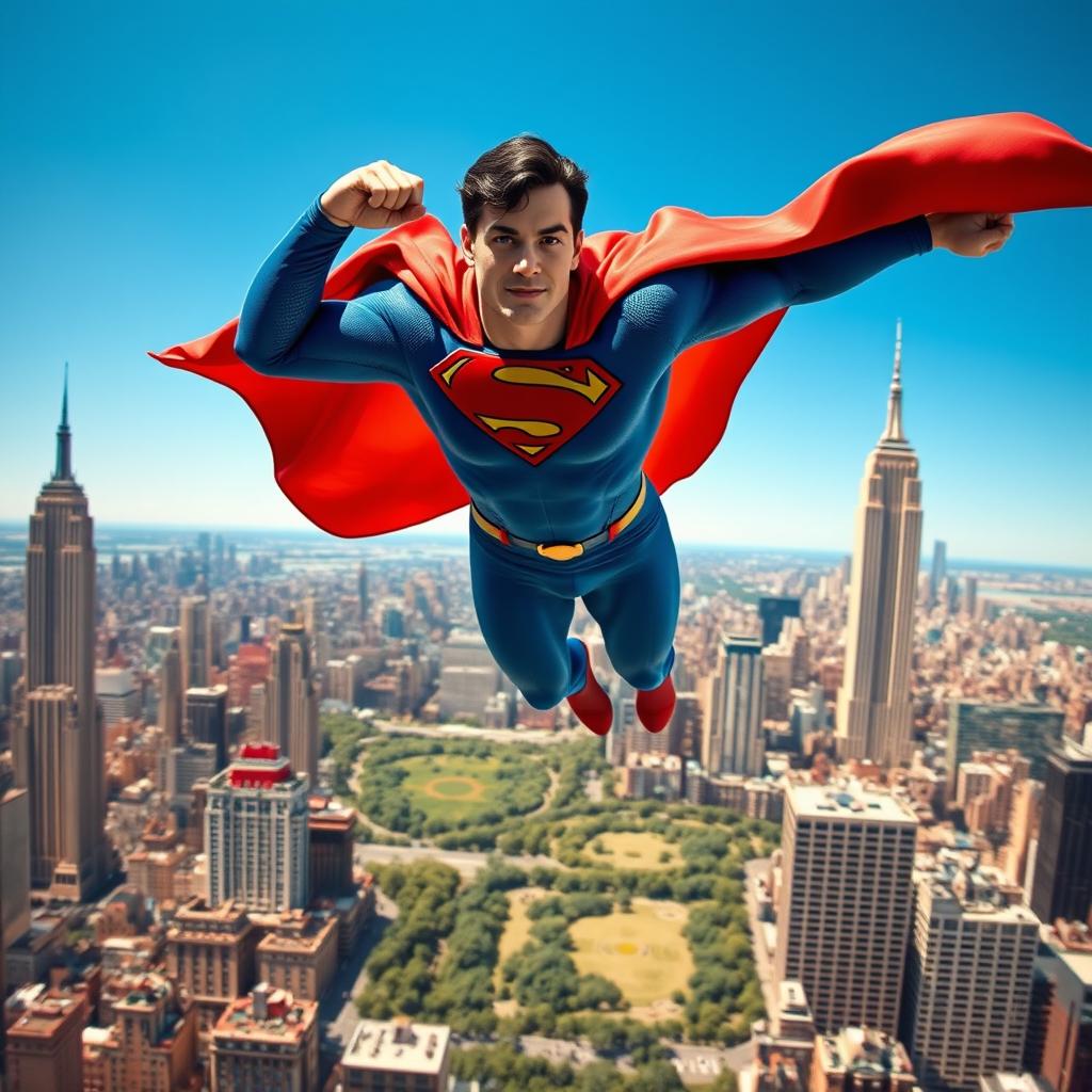 A highly detailed and realistic depiction of Superman soaring above the city of New York, showcasing iconic landmarks such as the Empire State Building and Central Park in the background