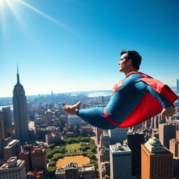 A highly detailed and realistic depiction of Superman soaring above the city of New York, showcasing iconic landmarks such as the Empire State Building and Central Park in the background