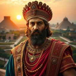 A majestic portrait of Cyrus the Great, wearing traditional Persian royal attire, adorned with intricate gold jewelry and a grand headdress