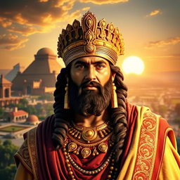 A majestic portrait of Cyrus the Great, wearing traditional Persian royal attire, adorned with intricate gold jewelry and a grand headdress