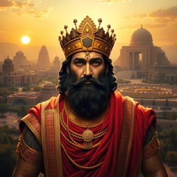 A majestic portrait of Cyrus the Great, wearing traditional Persian royal attire, adorned with intricate gold jewelry and a grand headdress