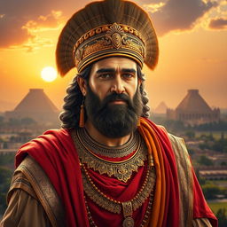 A majestic portrait of Cyrus the Great, wearing traditional Persian royal attire, adorned with intricate gold jewelry and a grand headdress