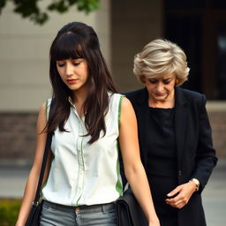 A tall, pretty woman with dark brown hair styled in bangs, wearing a half up half down hairstyle