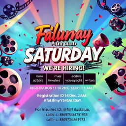 A vibrant and eye-catching film club opening poster for 'Filmy Saturday', showcasing a dynamic film-themed background with film reels, cameras, and vibrant colors