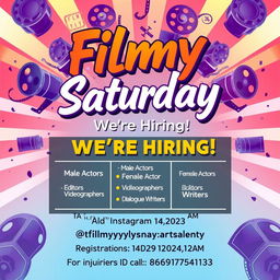 A vibrant and eye-catching film club opening poster for 'Filmy Saturday', showcasing a dynamic film-themed background with film reels, cameras, and vibrant colors