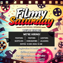 A vibrant and eye-catching film club opening poster for 'Filmy Saturday', showcasing a dynamic film-themed background with film reels, cameras, and vibrant colors