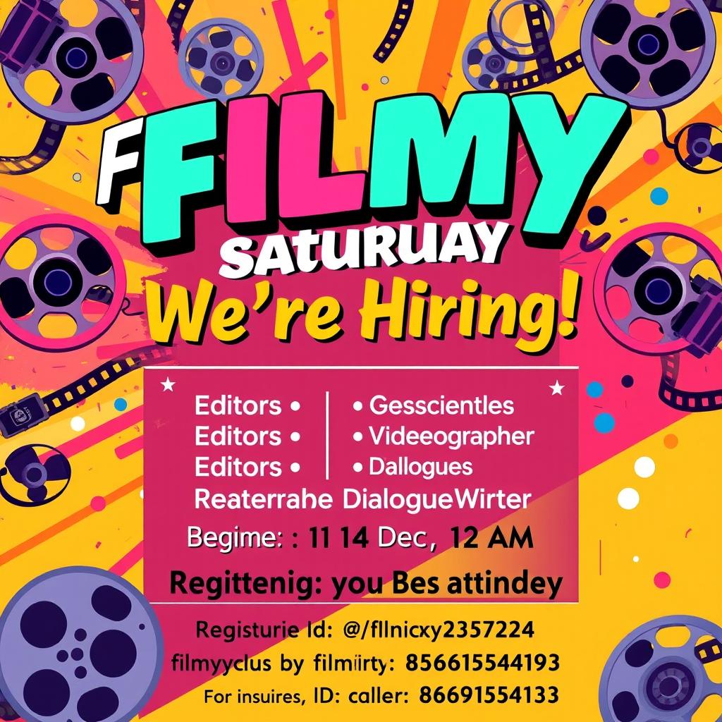 A vibrant and eye-catching film club opening poster for 'Filmy Saturday', showcasing a dynamic film-themed background with film reels, cameras, and vibrant colors