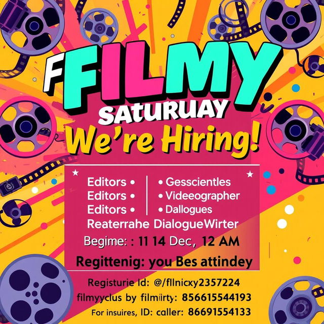 A vibrant and eye-catching film club opening poster for 'Filmy Saturday', showcasing a dynamic film-themed background with film reels, cameras, and vibrant colors