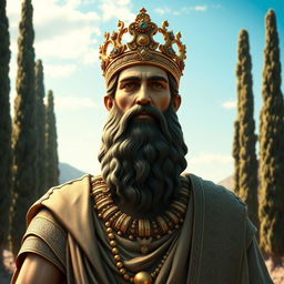 A majestic portrait of Cyrus the Great, the founder of the Achaemenid Empire, showcasing his regal attire and features