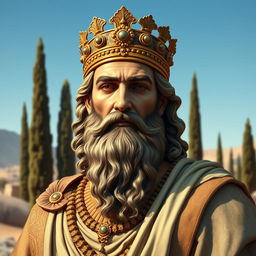 A majestic portrait of Cyrus the Great, the founder of the Achaemenid Empire, showcasing his regal attire and features