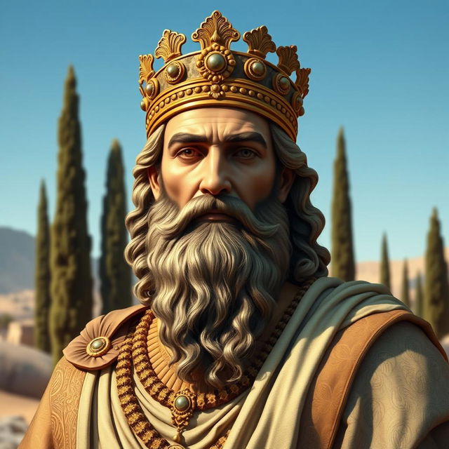 A majestic portrait of Cyrus the Great, the founder of the Achaemenid Empire, showcasing his regal attire and features