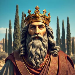 A majestic portrait of Cyrus the Great, the founder of the Achaemenid Empire, showcasing his regal attire and features