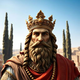 A majestic portrait of Cyrus the Great, the founder of the Achaemenid Empire, showcasing his regal attire and features
