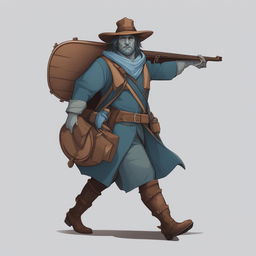 A high-quality digital art image of a male Half-Orc Bard in a blue trench coat and boater hat, walking and pointing side-on