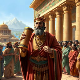 Cyrus the Great in ancient Babylon, holding the Cyrus Cylinder, a scroll symbolizing human rights and justice