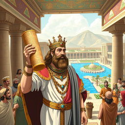 Cyrus the Great in ancient Babylon, holding the Cyrus Cylinder, a scroll symbolizing human rights and justice