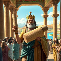 Cyrus the Great in ancient Babylon, holding the Cyrus Cylinder, a scroll symbolizing human rights and justice