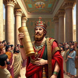 Cyrus the Great in ancient Babylon, holding the Cyrus Cylinder, a scroll symbolizing human rights and justice