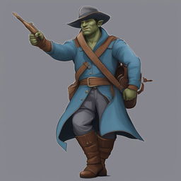 A high-quality digital art image of a male Half-Orc Bard in a blue trench coat and boater hat, walking and pointing side-on