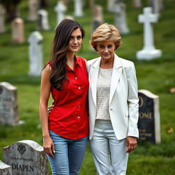 A tall pretty woman with dark brown hair styled into a half up half down, wearing a sleeveless red buttoned shirt and jeans, stands beside a middle aged woman resembling Princess Diana, who has her iconic hairstyle