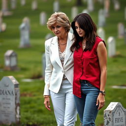 A tall pretty woman with dark brown hair styled into a half up half down, wearing a sleeveless red buttoned shirt and jeans, stands beside a middle aged woman resembling Princess Diana, who has her iconic hairstyle