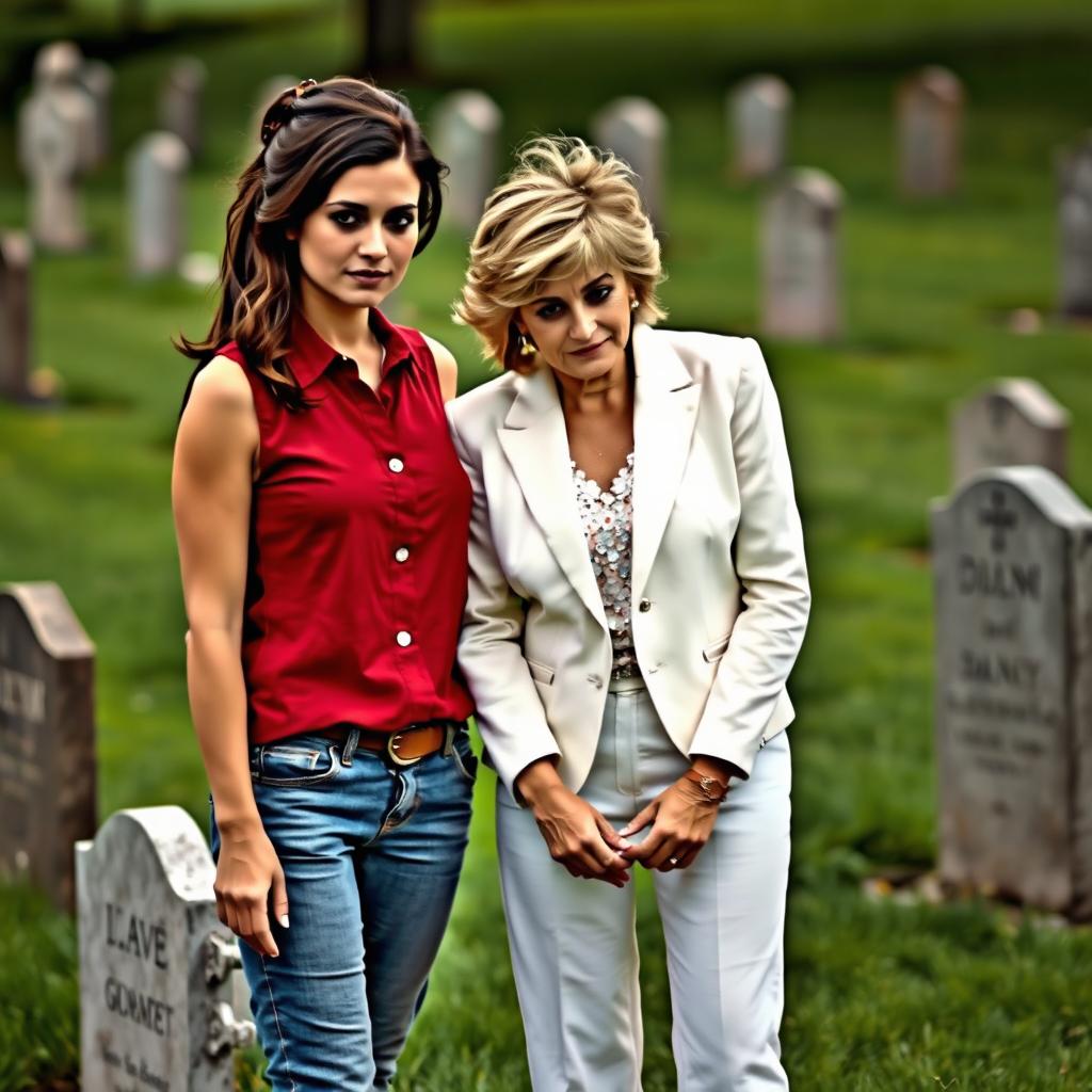 A tall pretty woman with dark brown hair styled into a half up half down, wearing a sleeveless red buttoned shirt and jeans, stands beside a middle aged woman resembling Princess Diana, who has her iconic hairstyle