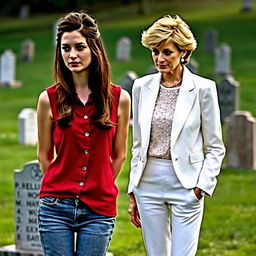 A tall pretty woman with dark brown hair styled into a half up half down, wearing a sleeveless red buttoned shirt and jeans, stands beside a middle aged woman resembling Princess Diana, who has her iconic hairstyle