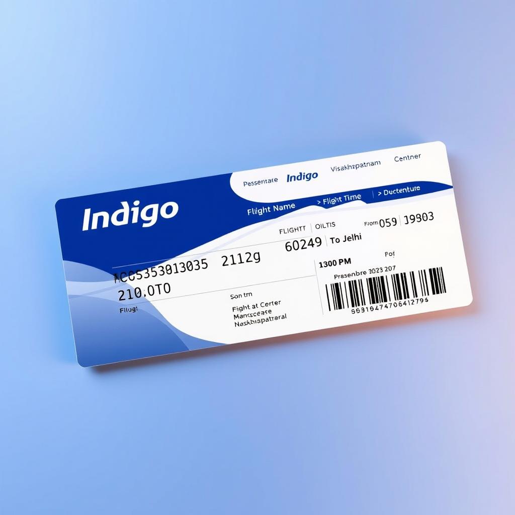 A realistic depiction of an Indigo airline ticket for a flight to Vizag (Visakhapatnam) on December 25, 2024, at 12:00 PM