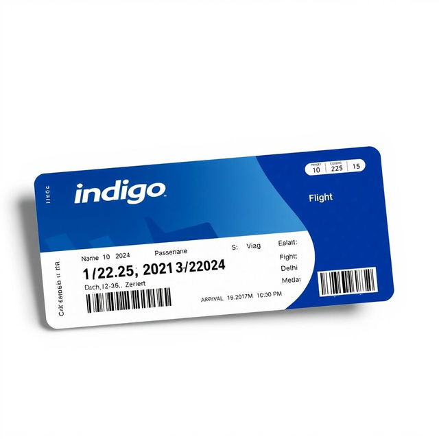 A realistic depiction of an Indigo airline ticket for a flight to Vizag (Visakhapatnam) on December 25, 2024, at 12:00 PM