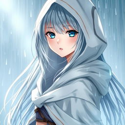 An enchanting light novel cover featuring a tall female character with long, flowing silver hair that glistens as it catches the light in the rain