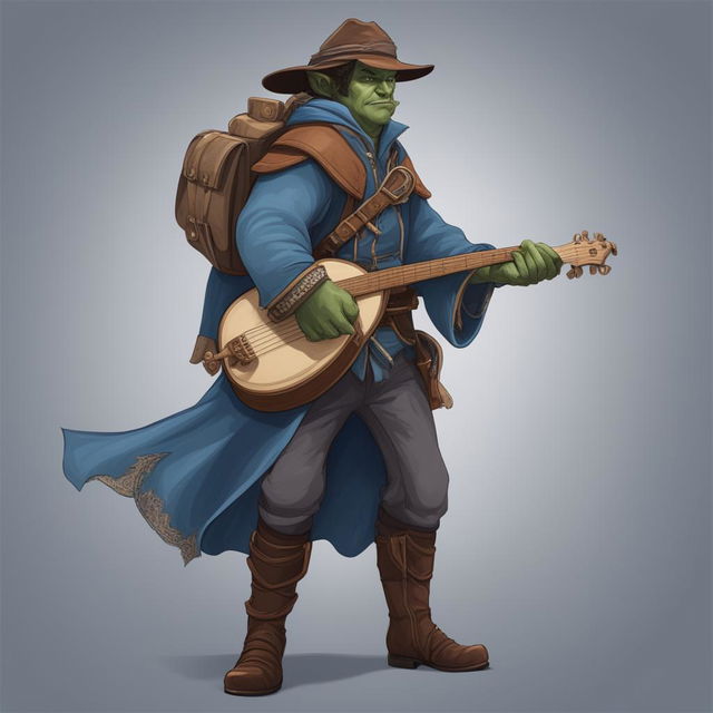 A high-quality digital art image of a male Half-Orc Bard in a blue trench coat and boater hat, walking and pointing side-on