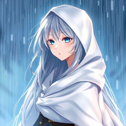 An enchanting light novel cover featuring a tall female character with long, flowing silver hair that glistens as it catches the light in the rain