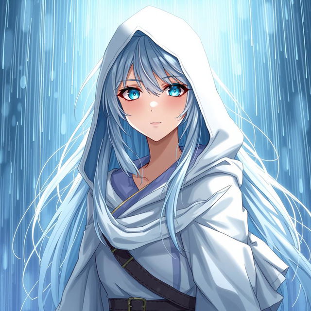 An enchanting light novel cover featuring a tall female character with long, flowing silver hair that glistens as it catches the light in the rain