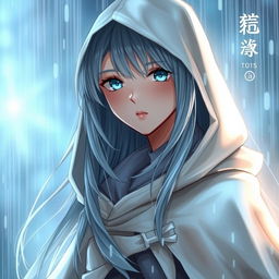 An enchanting light novel cover featuring a tall female character with long, flowing silver hair that glistens as it catches the light in the rain