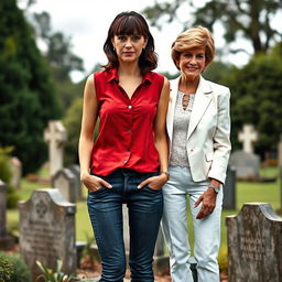 A tall pretty woman with dark brown hair styled in bangs and a half up half down hairstyle stands next to a middle-aged woman who resembles Princess Diana, sporting Diana's iconic short hair