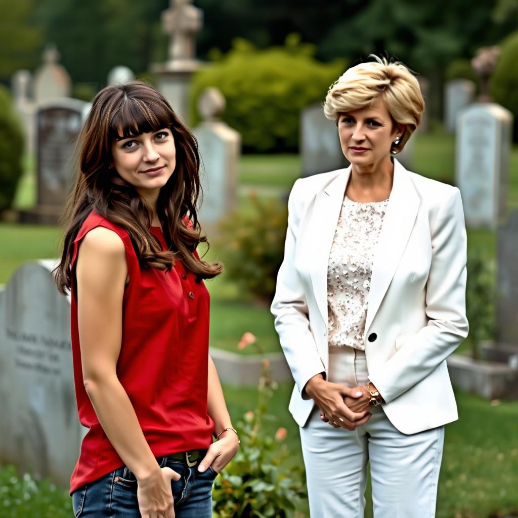 A tall pretty woman with dark brown hair styled in bangs and a half up half down hairstyle stands next to a middle-aged woman who resembles Princess Diana, sporting Diana's iconic short hair