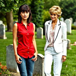 A tall pretty woman with dark brown hair styled in bangs and a half up half down hairstyle stands next to a middle-aged woman who resembles Princess Diana, sporting Diana's iconic short hair