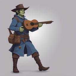 A high-quality digital art image of a male Half-Orc Bard in a blue trench coat and boater hat, walking and pointing side-on